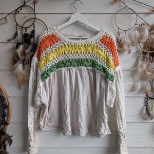 Free People Cream and Yellow Crochet Top